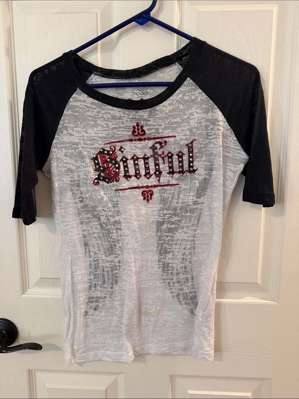 Sinful Black and White Raglan Tee with Red Studded Logo